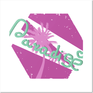 Lettering PARADISE. Green font on pink background. Mood of summer Posters and Art